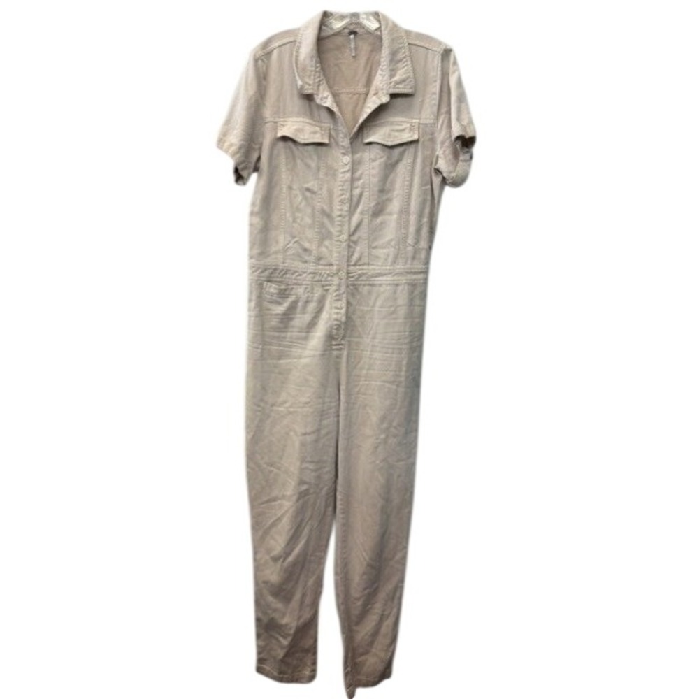 YFB Young Fabulous & Broke Tan Khaki Utility Jumpsuit Short Sleeve Button Up M